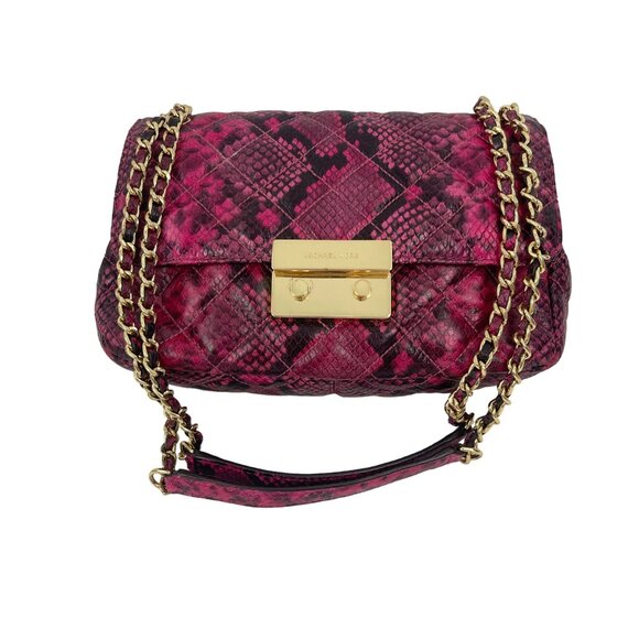 Michael Kors Sloan Pink Snake Print Crossbody Bag With Gold Chain Strap & Logo L - Picture 4 of 10